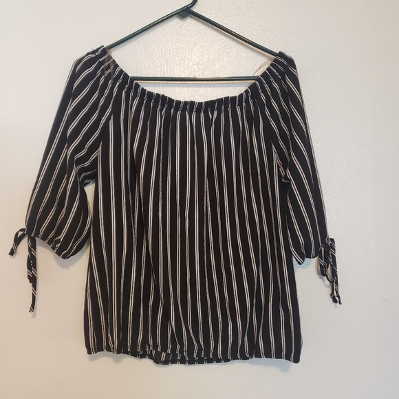 C Tops - C Off Shoulder Black White Stripe Top